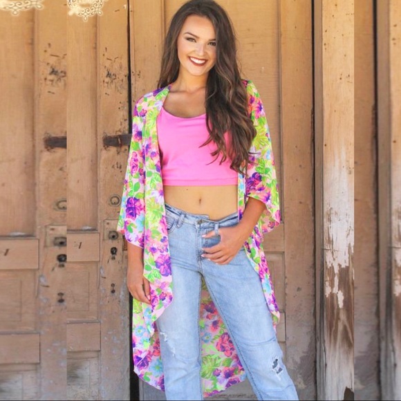 L&B Tops - Pink Neon Floral 3/4 Length Sleeve Kimono